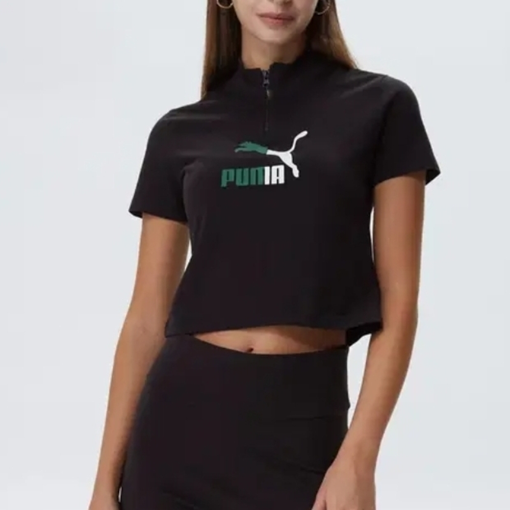 Puma Women's Classics Quarter-Zip Tee in black with a Puma Logo. NWT #A13